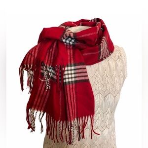 Lord & Taylor Crimson Red Plaid Fringe Edge Scarf GIFT 🎁